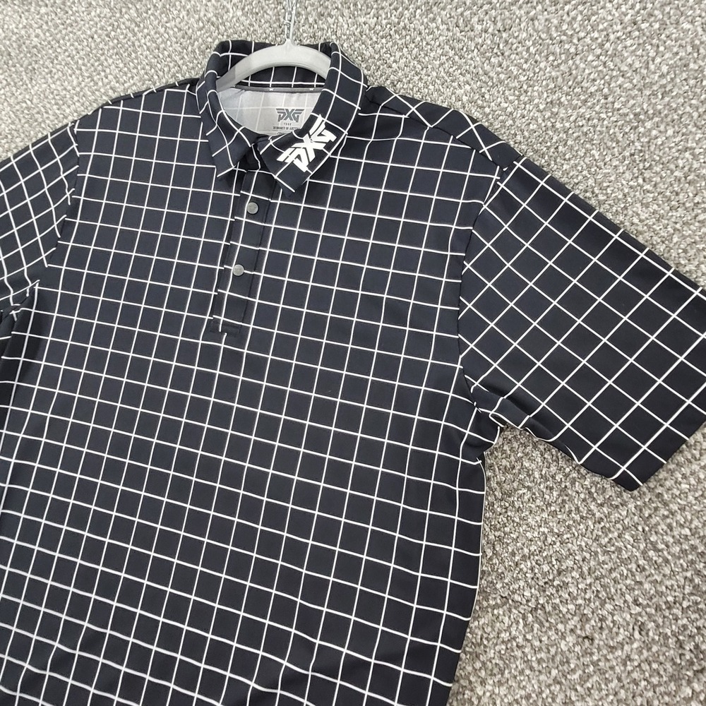 PXG Tour Comfort Fit Golf Polo Mens Small Black White Grid Check Short Sleeve